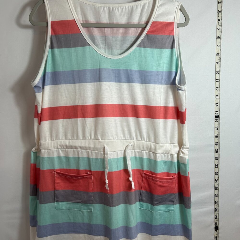 Womens casual striped sleeveless pocketed swim cover with drawstring waist - Picture 2 of 4